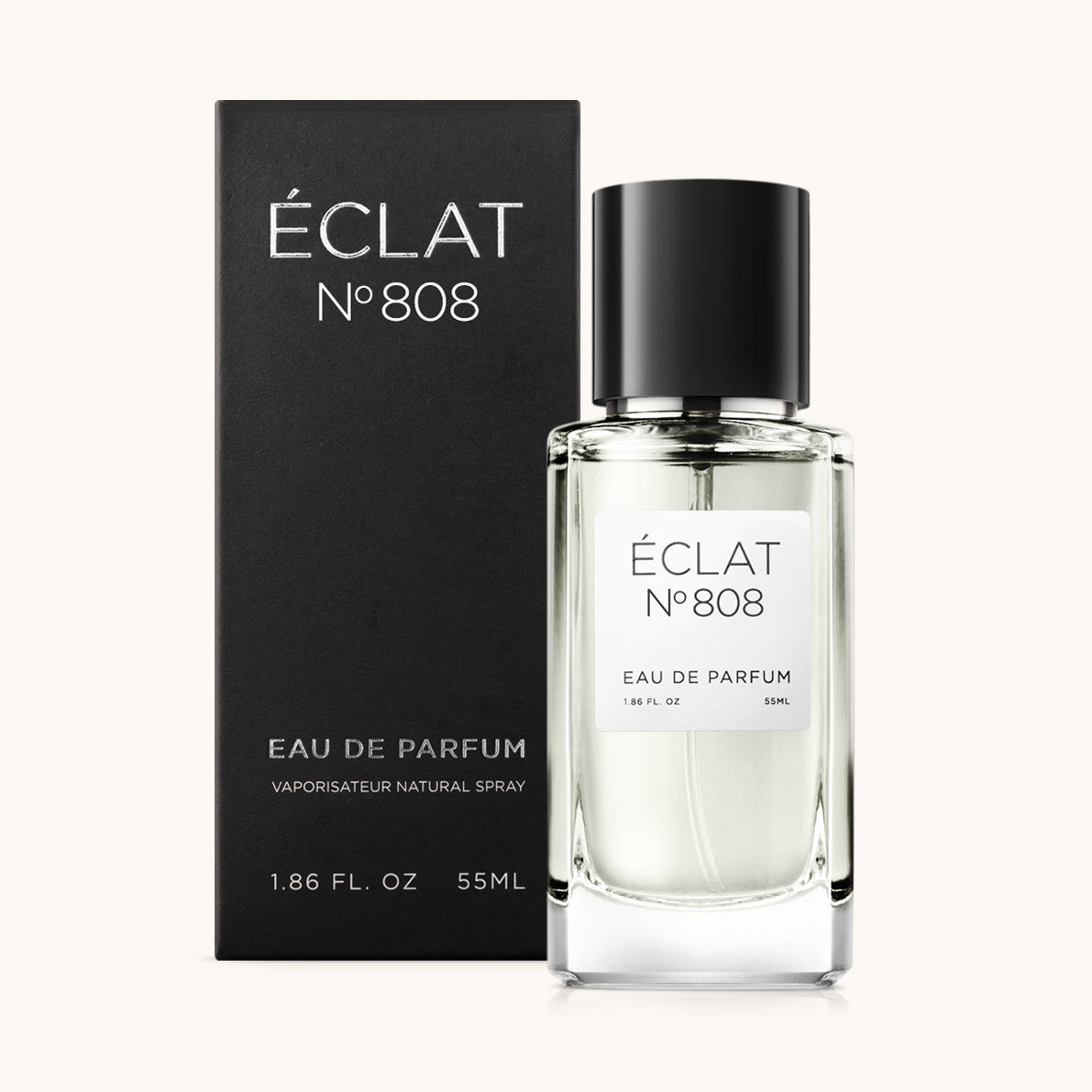 ÉCLAT No. 808 men’s perfume bottle with matching black packaging. The elegant flacon features a black cylindrical magnetic cap and a clean white label with the inscription ÉCLAT No. 808 and “Eau de Parfum”.