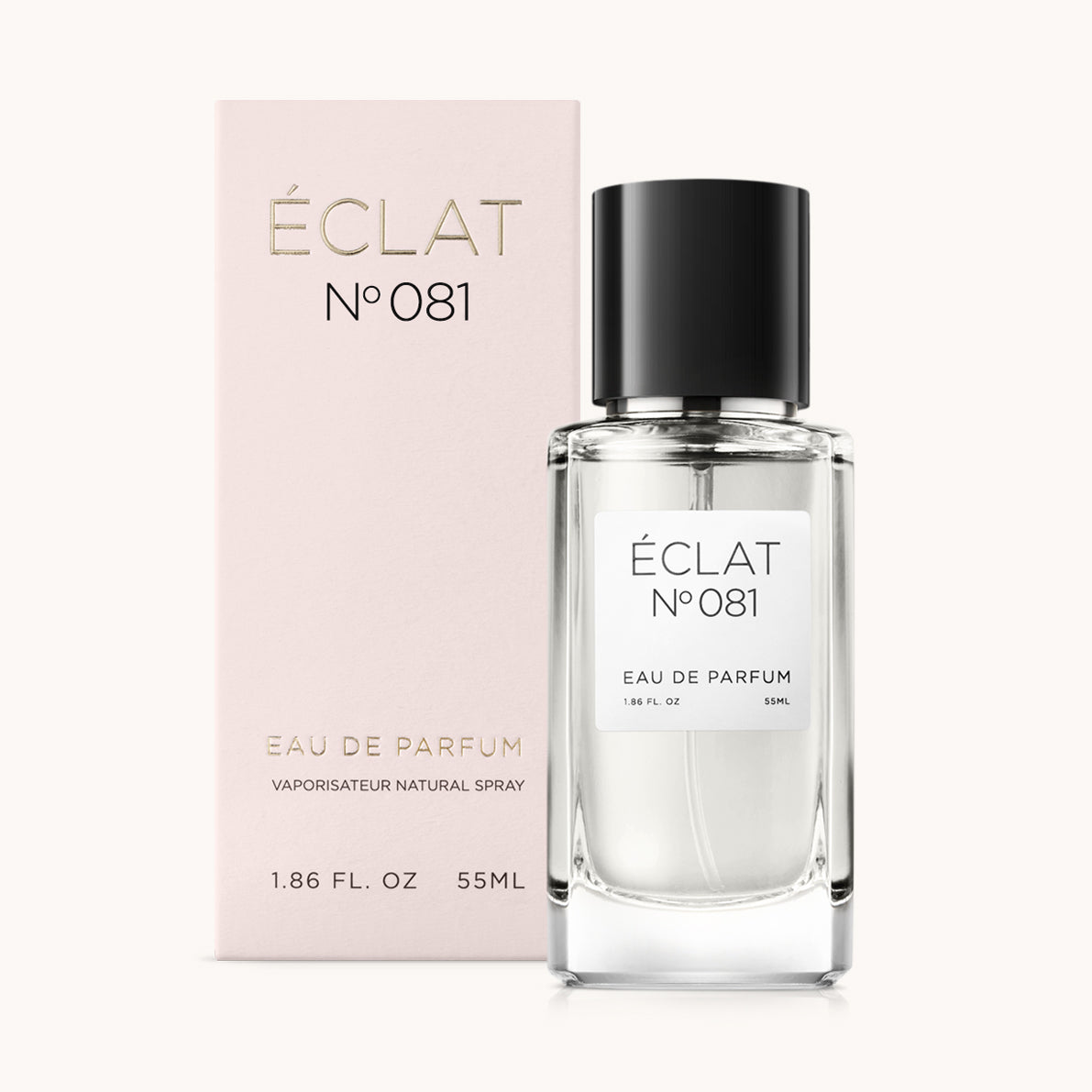 ÉCLAT No. 081 RAR perfume bottle with matching pink packaging. The elegant glass flacon features a black cylindrical magnetic cap and a simple white label with the inscription ÉCLAT No. 081 RAR and “Eau de Parfum”.