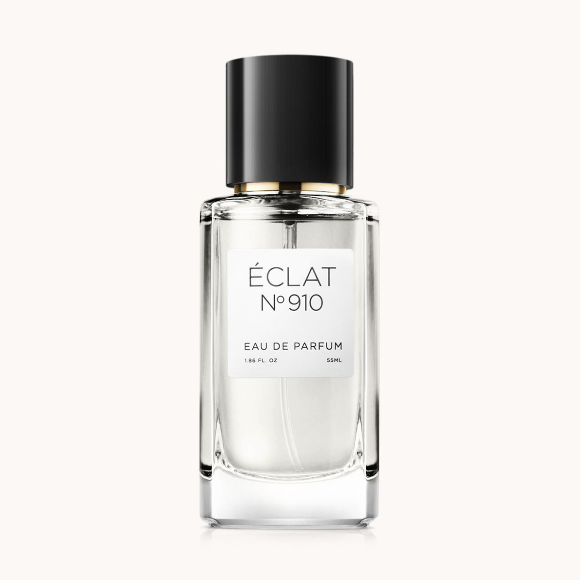 Flacon of the unisex fragrance dupe ÉCLAT No. 910, an elegant transparent glass bottle with a black cylindrical magnetic cap and a minimalist white label. The label displays the brand name ÉCLAT, the number 910, and the phrase “Eau de Parfum”.