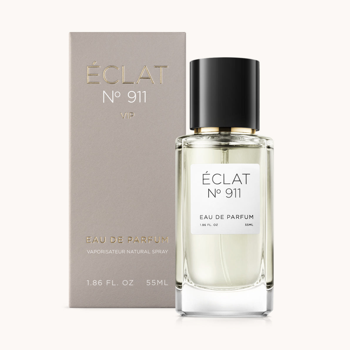 ÉCLAT No. 911 VIP unisex perfume bottle with matching taupe beige packaging. The elegant flacon features a black cylindrical magnetic cap and a clean white label with the inscription ÉCLAT No. 911 VIP and “Eau de Parfum”.