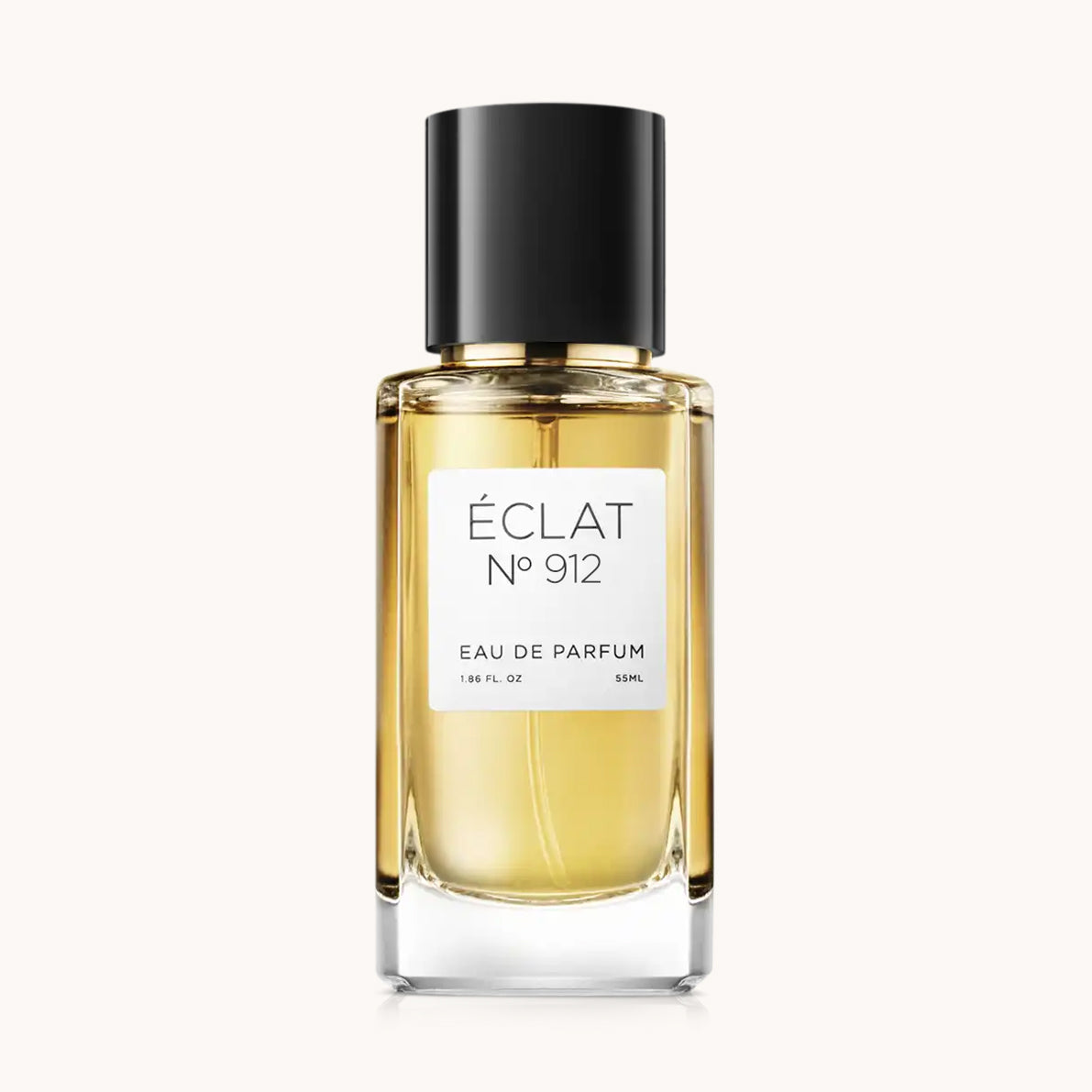 Flacon of the unisex perfume dupe ÉCLAT No. 912 VIP, an elegant transparent glass bottle with a black cylindrical magnetic cap and a minimalist white label. The label displays the brand name ÉCLAT, the number 912 VIP, and the phrase “Eau de Parfum”.