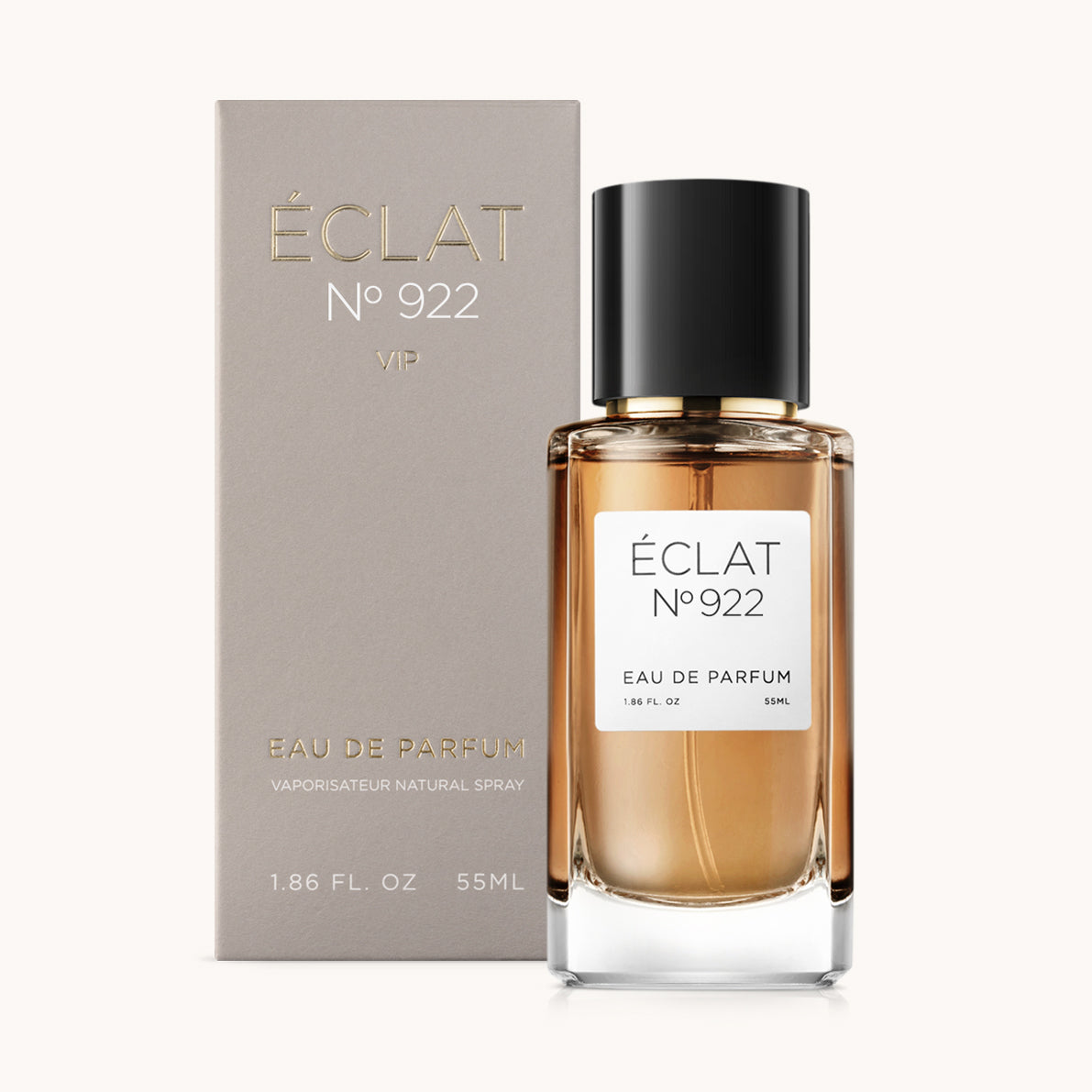 ÉCLAT No. 922 VIP unisex perfume bottle with matching taupe beige packaging. The elegant flacon features a black cylindrical magnetic cap and a clean white label with the inscription ÉCLAT No. 922 VIP and “Eau de Parfum”.