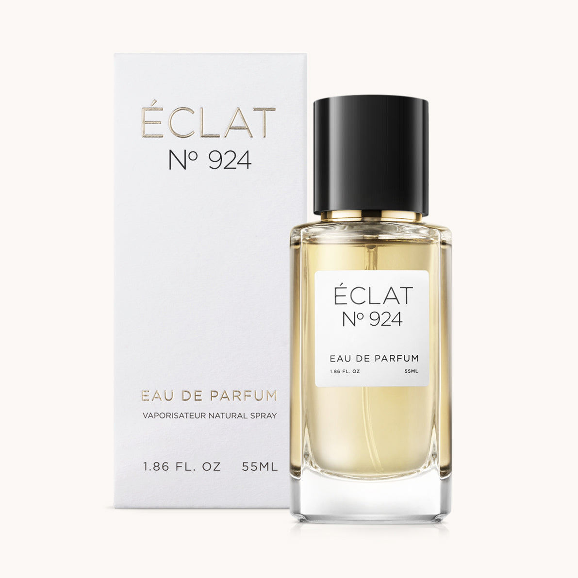 ÉCLAT No. 924 unisex perfume bottle with matching very light grey packaging. The elegant flacon features a black cylindrical magnetic cap and a clean white label with the inscription ÉCLAT No. 924 and “Eau de Parfum”.
