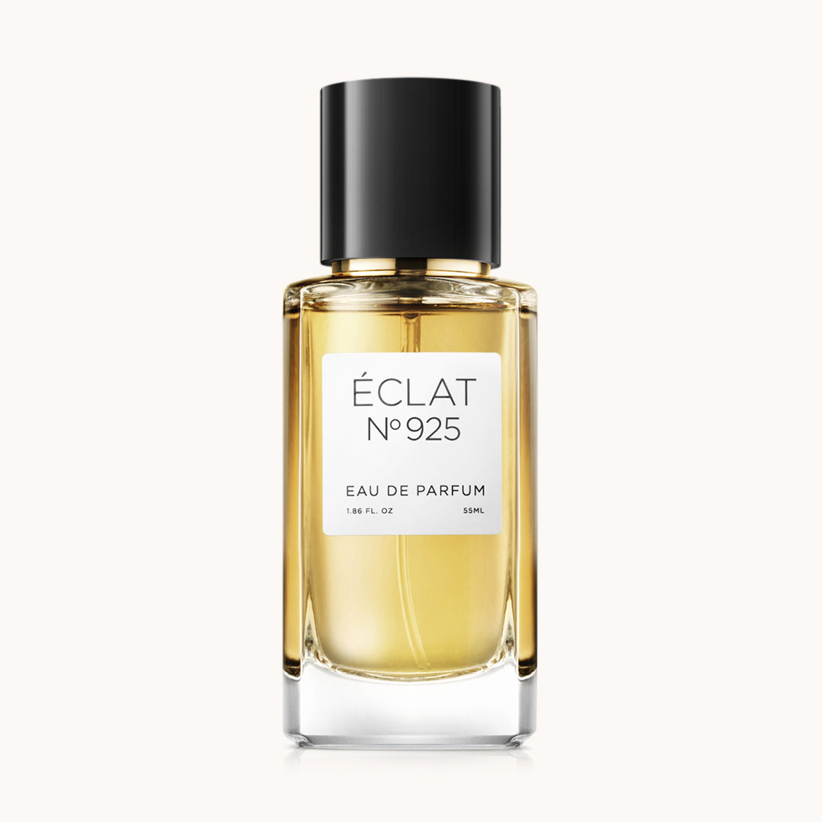 Flacon of the unisex perfume dupe ÉCLAT No. 925 RAR, an elegant transparent glass bottle with a black cylindrical magnetic cap and a minimalist white label. The label displays the brand name ÉCLAT, the number 925 RAR, and the phrase “Eau de Parfum”.
