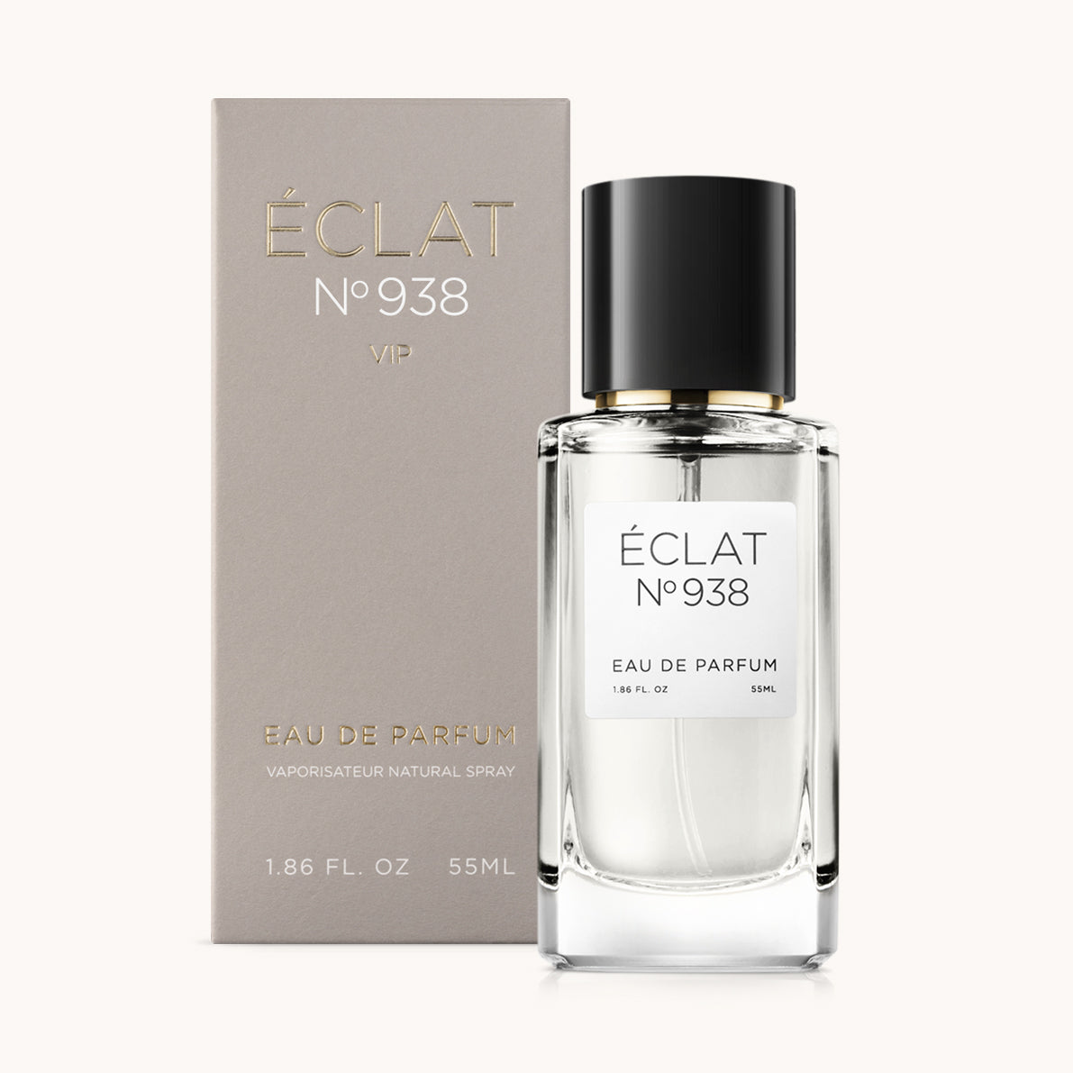 ÉCLAT No. 938 VIP unisex perfume bottle with matching taupe beige packaging. The elegant flacon features a black cylindrical magnetic cap and a clean white label with the inscription ÉCLAT No. 938 VIP and “Eau de Parfum”.