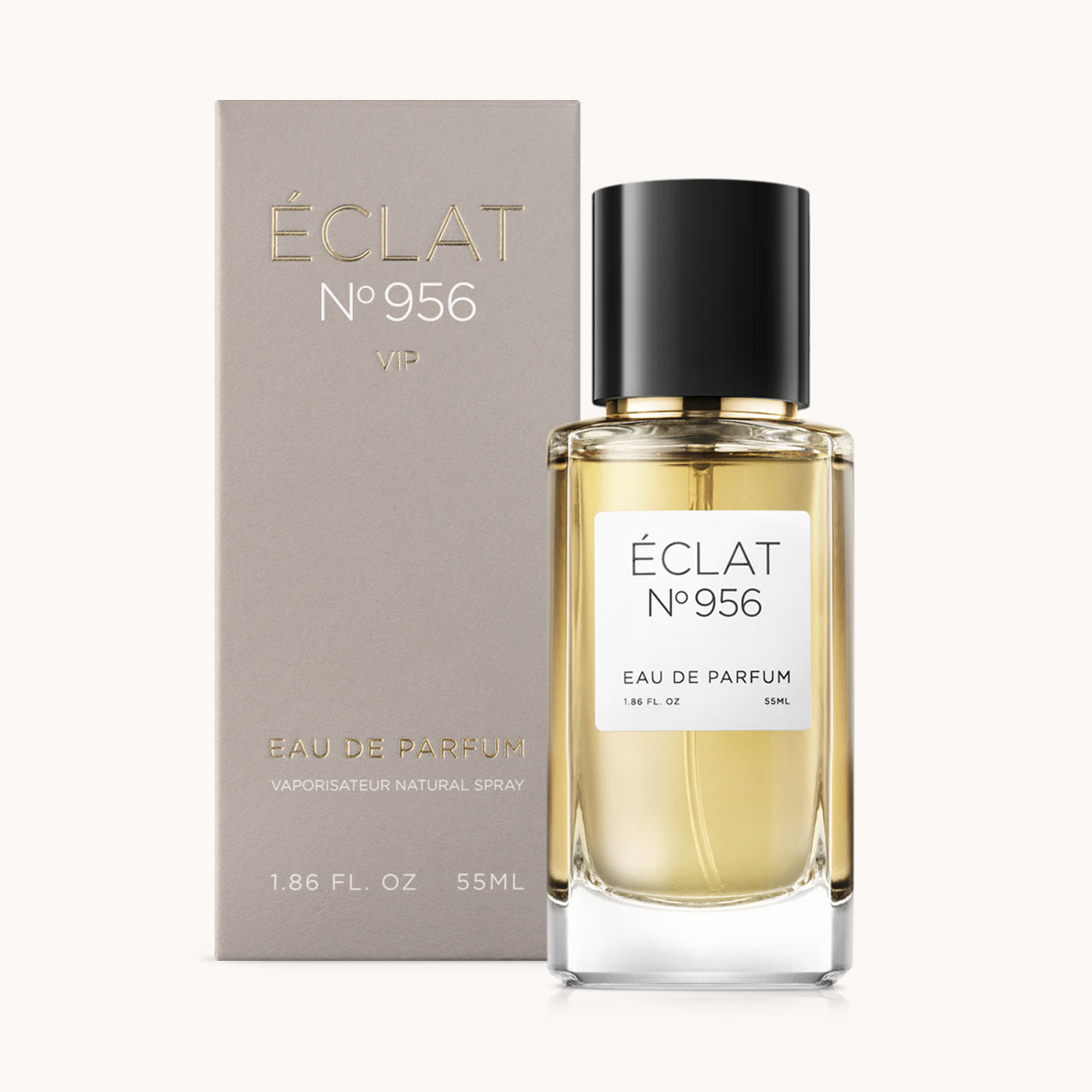 ÉCLAT No. 956 VIP unisex perfume bottle with matching taupe beige packaging. The elegant flacon features a black cylindrical magnetic cap and a clean white label with the inscription ÉCLAT No. 956 VIP and “Eau de Parfum”.