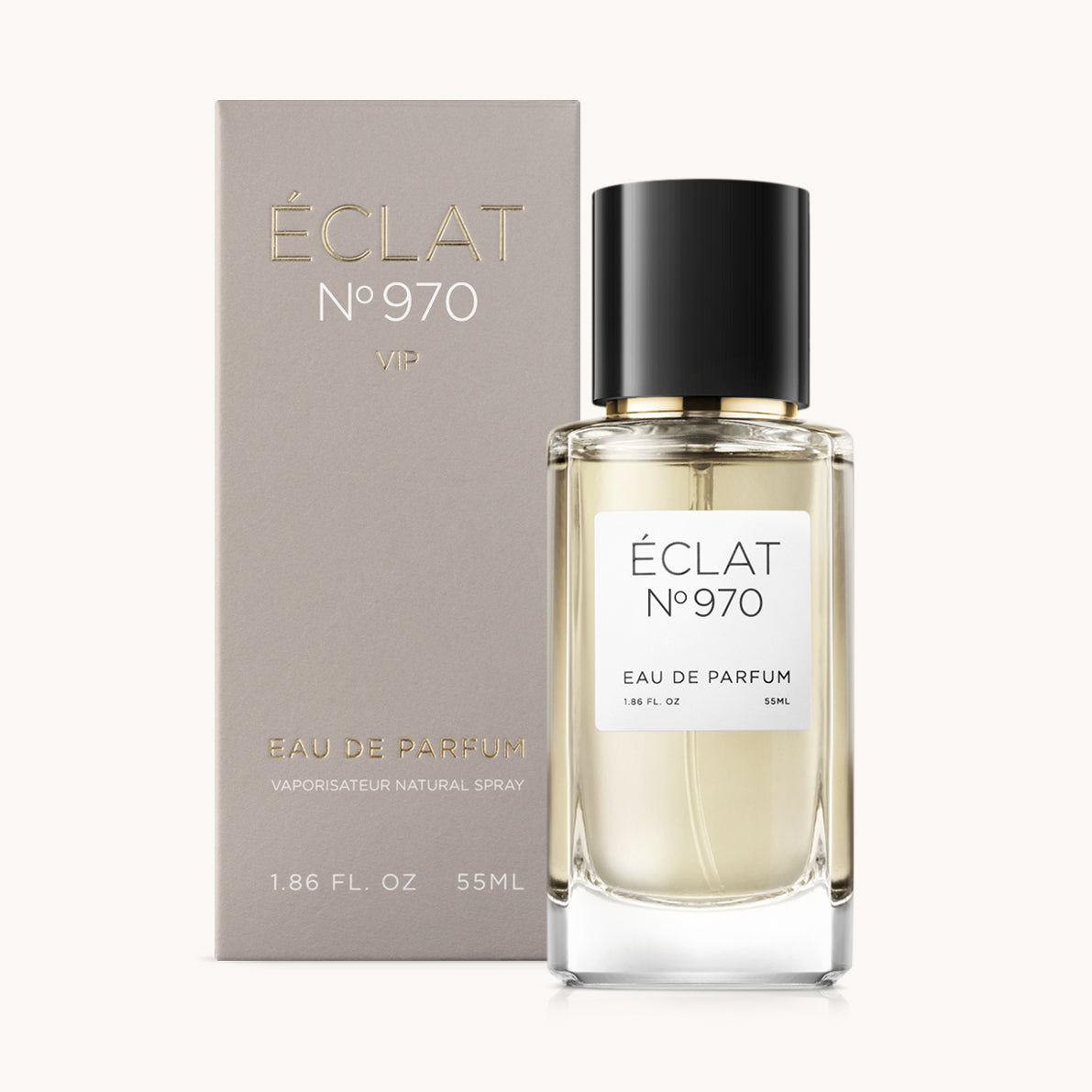 ÉCLAT No. 970 VIP unisex perfume bottle with matching taupe beige packaging. The elegant flacon features a black cylindrical magnetic cap and a clean white label with the inscription ÉCLAT No. 970 VIP and “Eau de Parfum”.