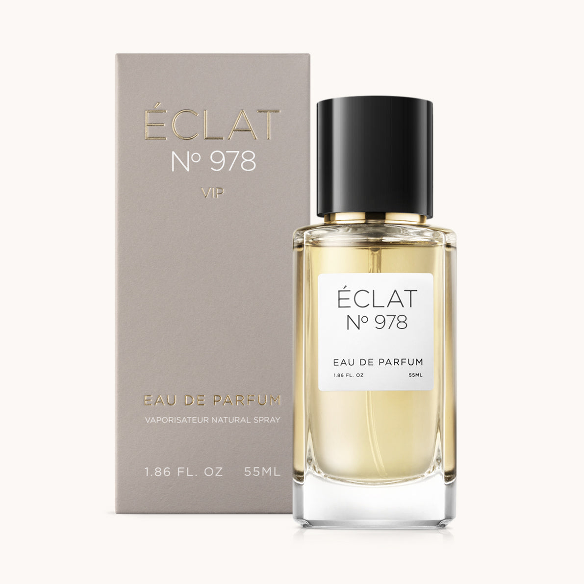ÉCLAT No. 978 VIP unisex perfume bottle with matching taupe beige packaging. The elegant flacon features a black cylindrical magnetic cap and a clean white label with the inscription ÉCLAT No. 978 VIP and “Eau de Parfum”.