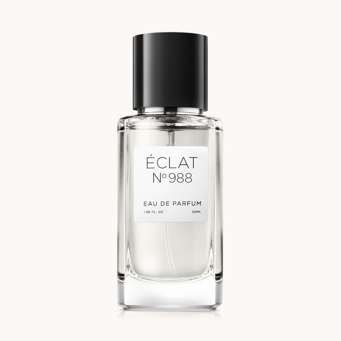 ÉCLAT No. 988 VIP unisex perfume bottle with matching taupe beige packaging. The elegant flacon features a black cylindrical magnetic cap and a clean white label with the inscription ÉCLAT No. 988 VIP and “Eau de Parfum”.