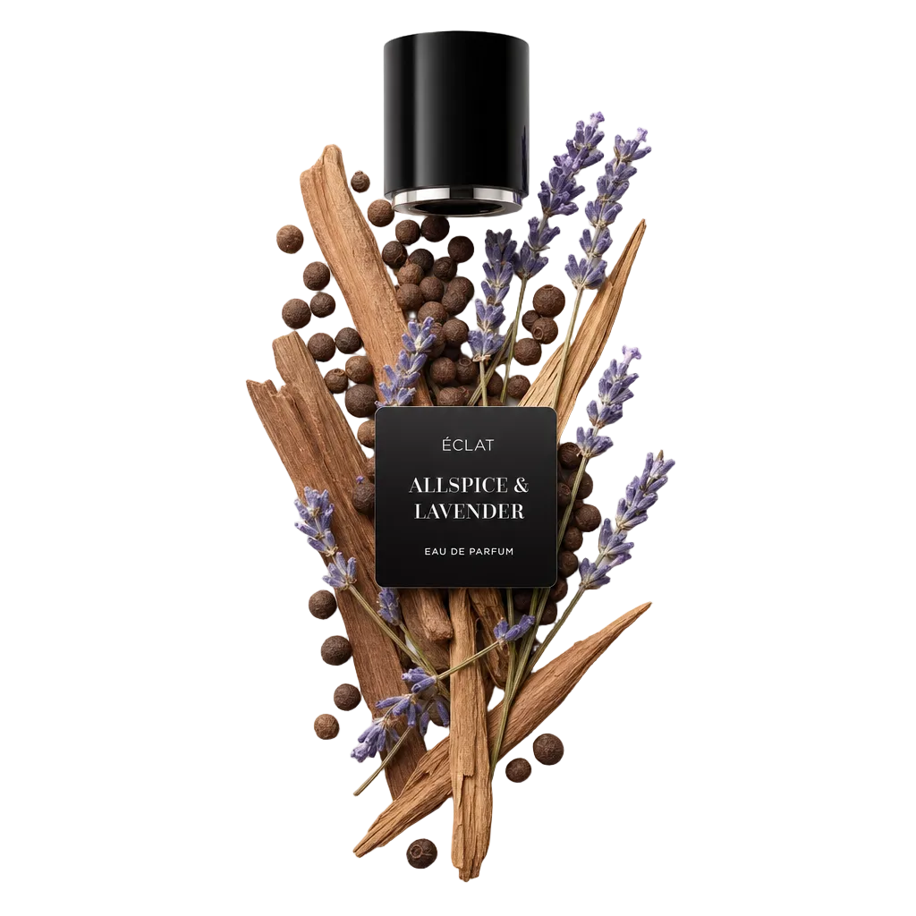 Un arrangiamento di bacche di pimento, bastoncini di cannella e rametti di lavanda attorno a un tappo nero con etichetta ÉCLAT Allspice & Lavender.