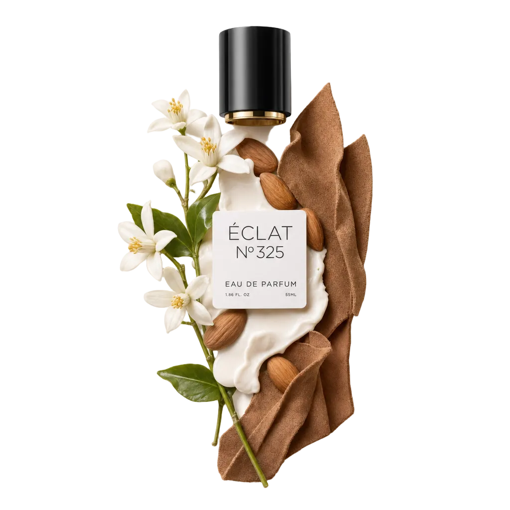 Una composizione di fiori bianchi in fiore, mandorle e texture cremosa con un tessuto marrone morbido, accanto a un tappo nero con etichetta per ÉCLAT Almond Milk & Cashmere.
