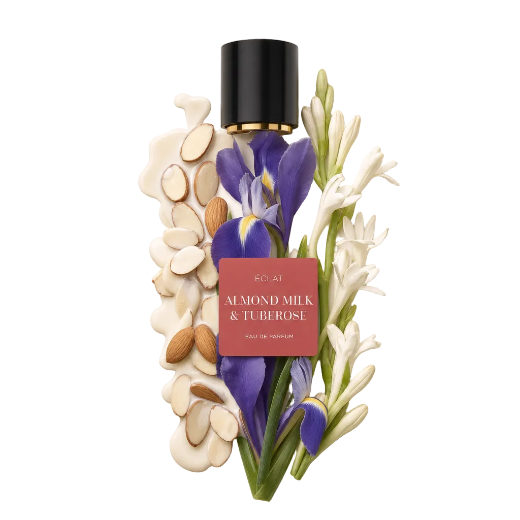 Un arrangiamento di mandorle a fette, mandorle, fiori di iris e tuberosa circonda un tappo nero con finitura dorata e etichetta ÉCLAT Almond Milk & Tuberose.