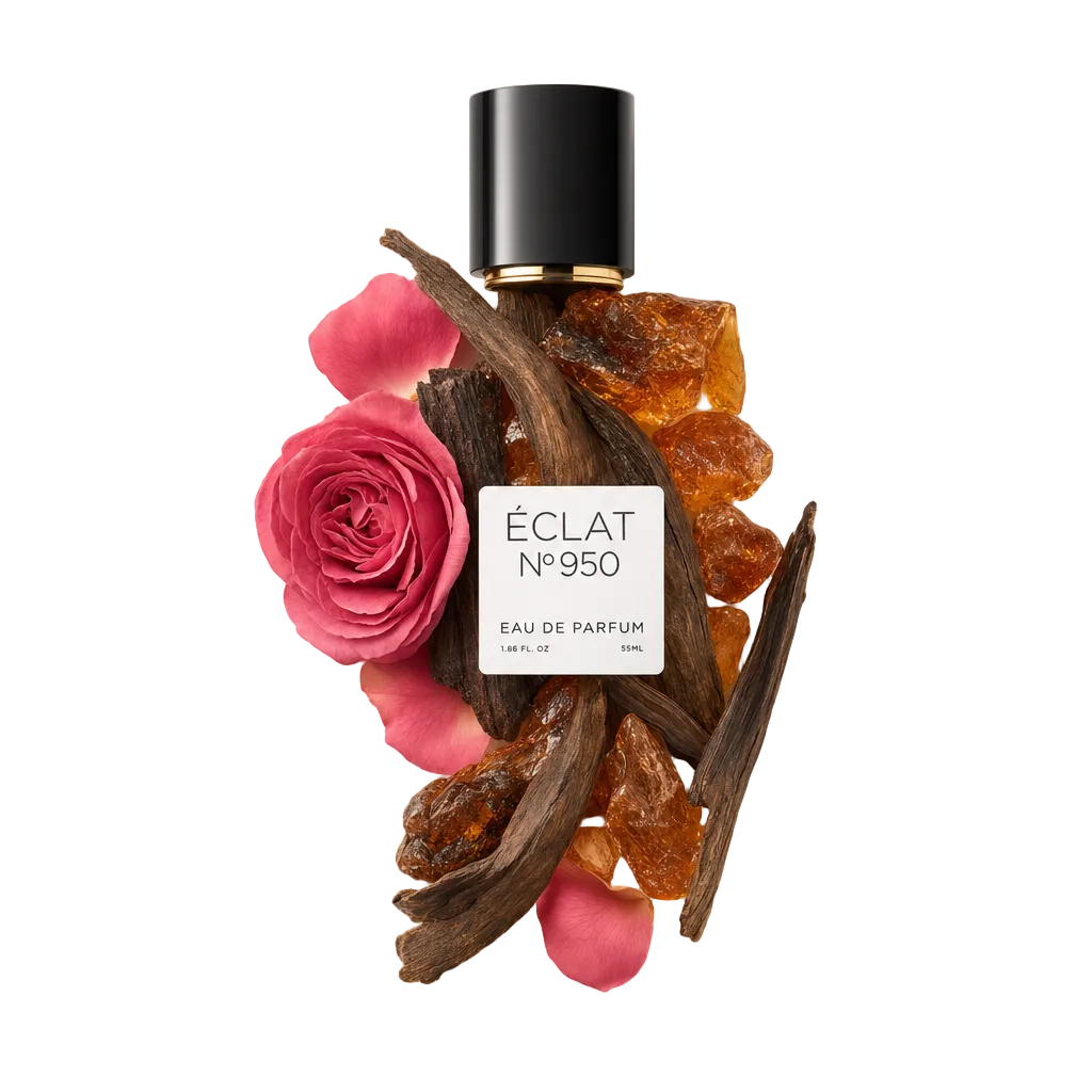 Un arrangiamento di resina d'ambra, legno di oud e una rosa rosa con petali, circonda un tappo nero con etichetta ÉCLAT Ambergris & Oud.
