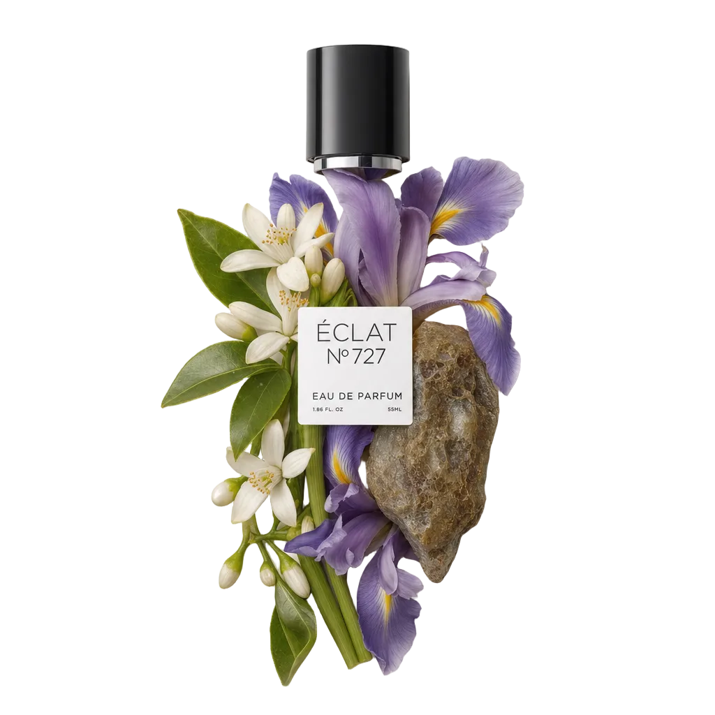 Un arrangiamento di fiori di iris, fiori d'arancio, foglie verdi e una pietra completa il tappo nero con etichetta ÉCLAT Ambery Iris.