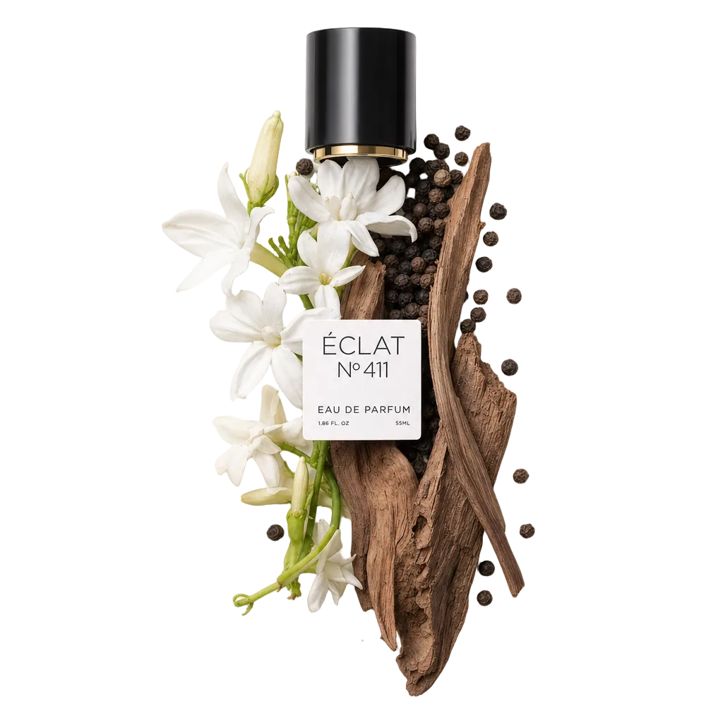 Una disposizione artistica con fiori di gelsomino, grani di pepe ed elementi di legno accanto a un tappo nero con etichetta per ÉCLAT VIP Ambery Jasmine.