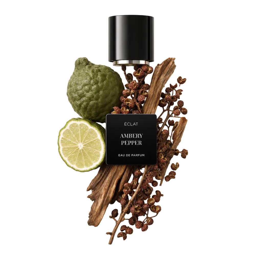 Un arrangiamento di bergamotto, fetta di lime, bacche di pepe essiccate e note legnose attorno a un tappo nero ÉCLAT Ambery Pepper con etichetta.