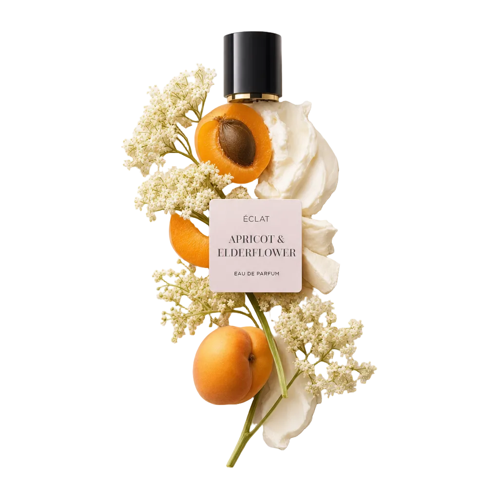 Una composizione di albicocche fresche, fiori di sambuco e crema morbida, accompagnata da un tappo nero con etichetta ÉCLAT Apricot & Elderflower.
