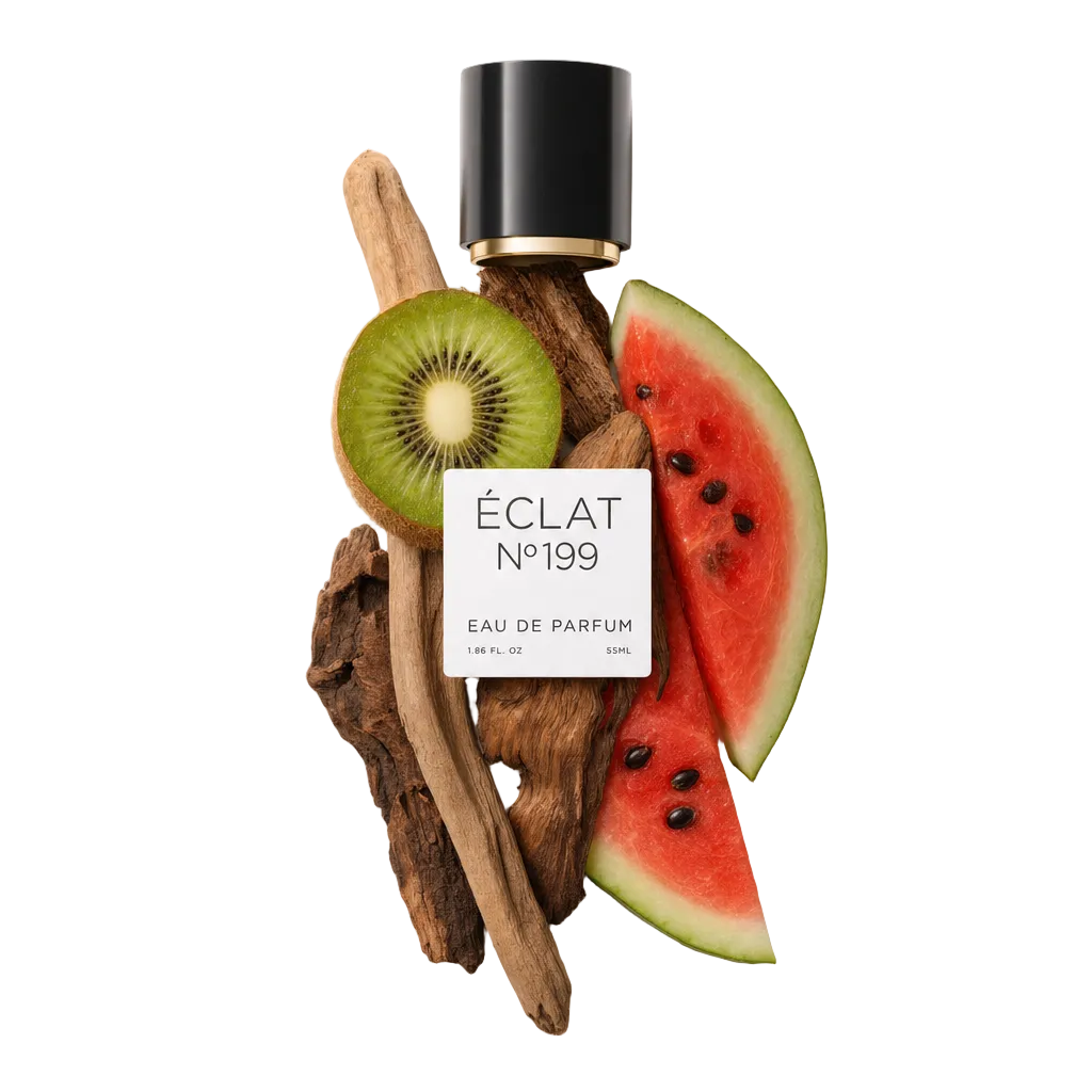 Un arrangiamento di fetta di kiwi fresco, spicchio di anguria e bastoncini di legno con un tappo nero con etichetta ÉCLAT.