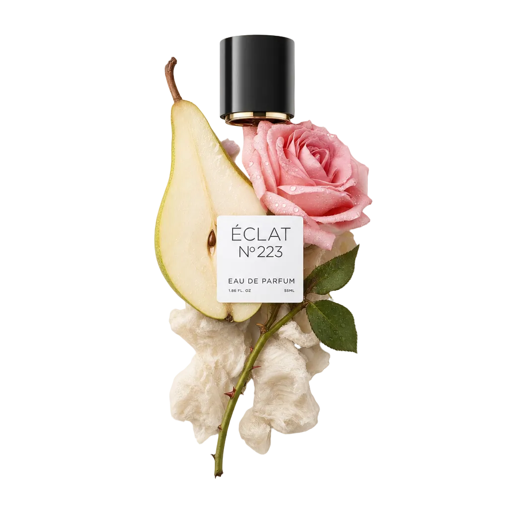 Un arrangiamento curato con una pera affettata, una rosa rosa rugiadosa e un gambo con foglie verdi, attorno a un tappo nero di ÉCLAT Aquatic Rose con un'etichetta elegante.