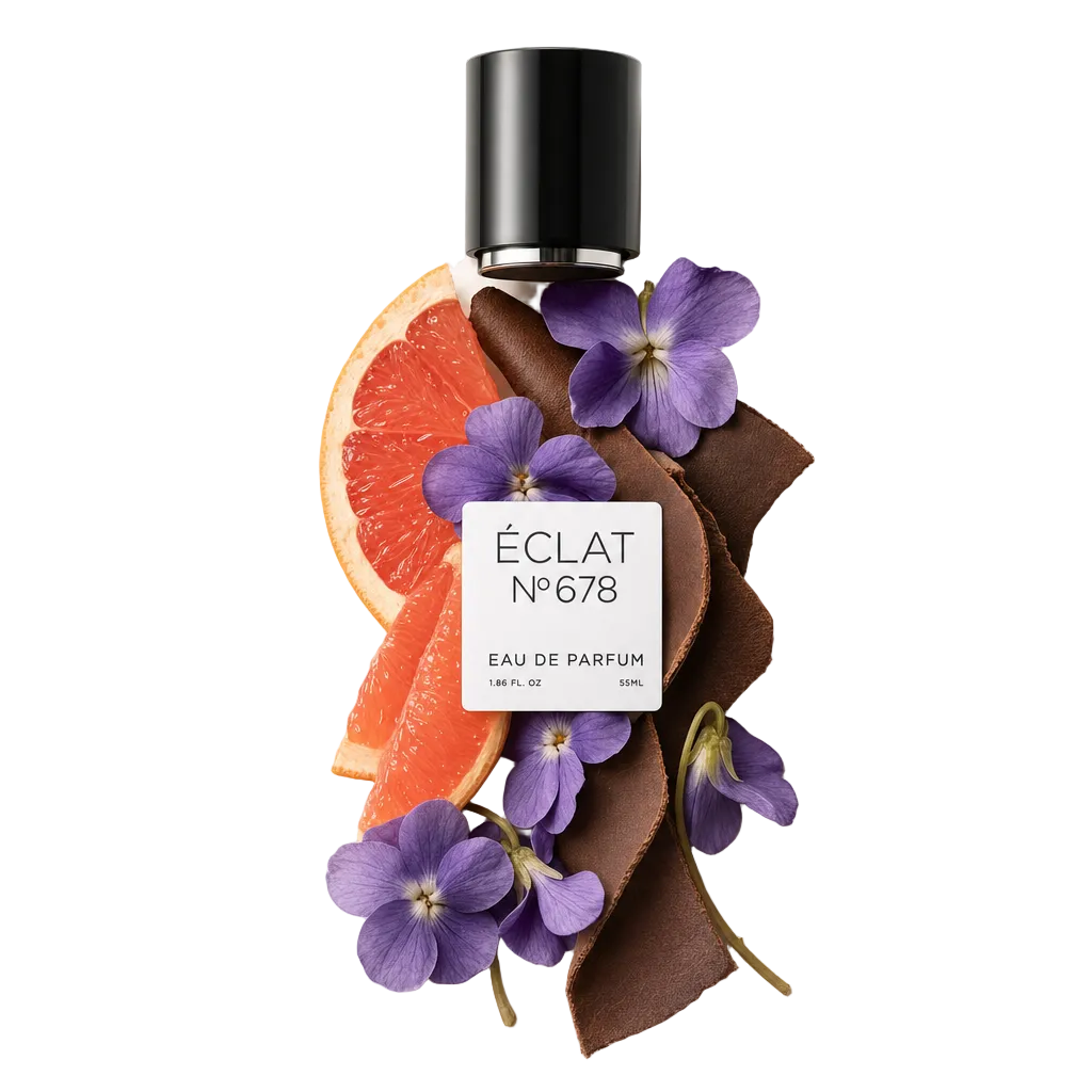 Un arrangiamento di fiori di violetta, fette di pompelmo e cuoio marrone ricurvo circonda un tappo nero con etichetta ÉCLAT.