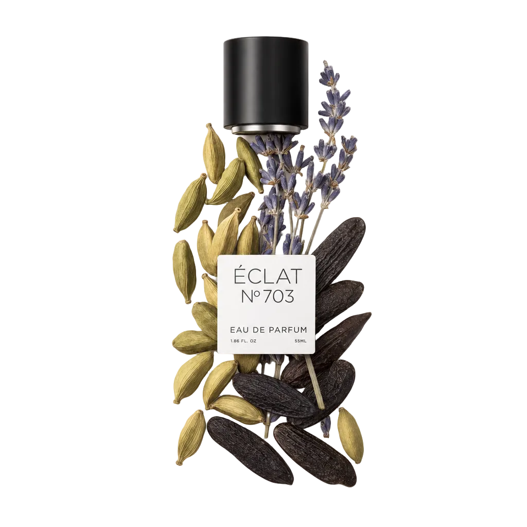 Una composizione di baccelli di cardamomo, fagioli tonka e rametti di lavanda circonda un tappo nero con etichetta ÉCLAT Aromatic Cardamom.