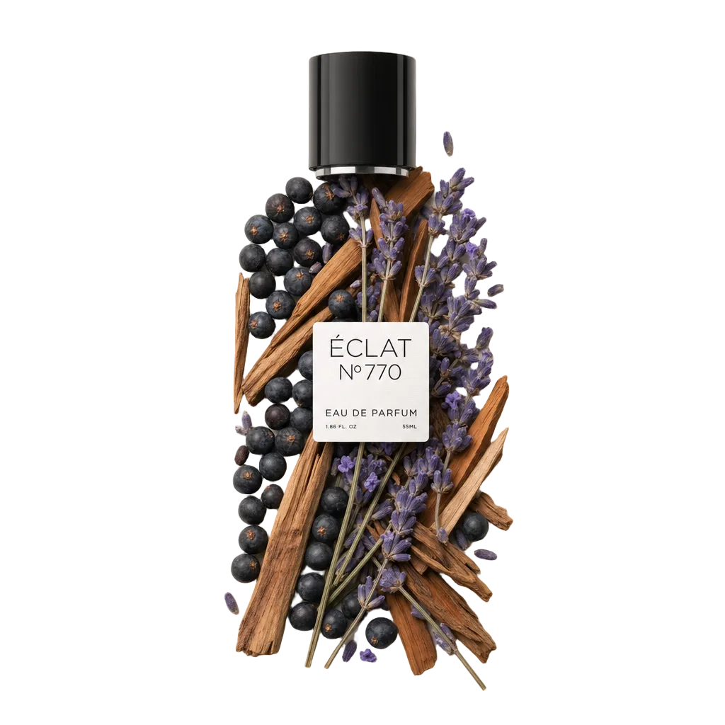 Una disposizione di bastoncini di sandalo, bacche di ginepro e rametti di lavanda circonda un tappo nero con etichetta di ÉCLAT Aromatic Sandalwood.