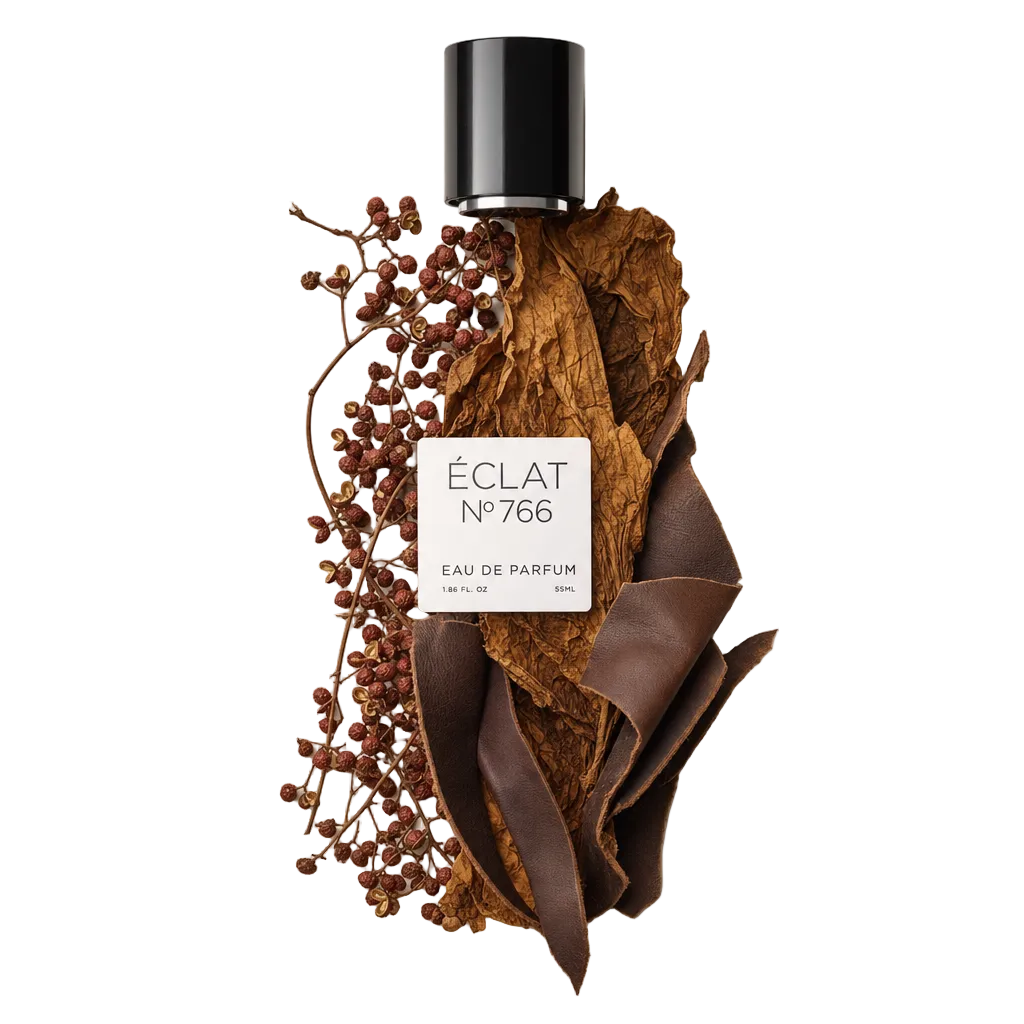 Un arrangiamento di bacche di pepe di Sichuan, foglie di tabacco essiccate e strisce di cuoio circonda il tappo nero con l'etichetta di ÉCLAT Aromatic Sichuan Pepper.