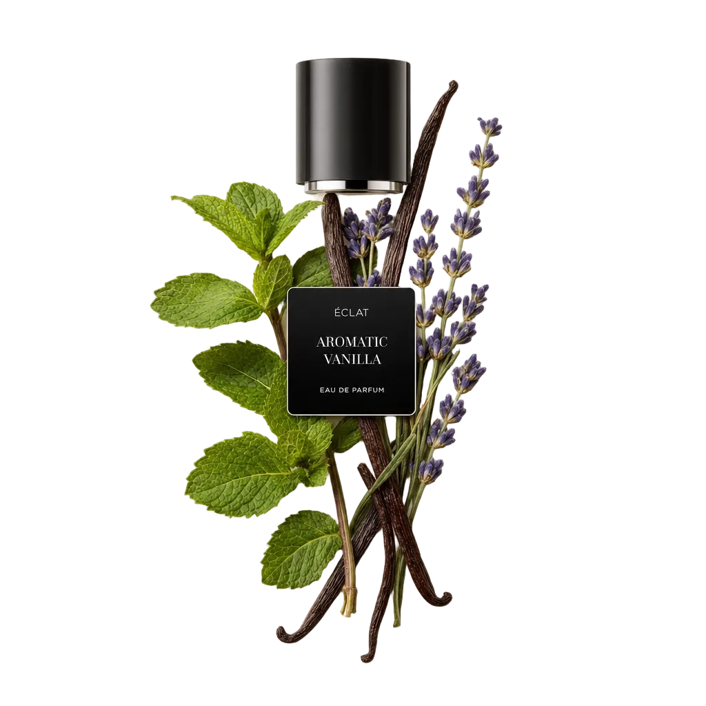 Un raffinato arrangiamento di foglie di menta, rametti di lavanda e bacche di vaniglia circonda un tappo nero con etichetta ÉCLAT Aromatic Vanilla.