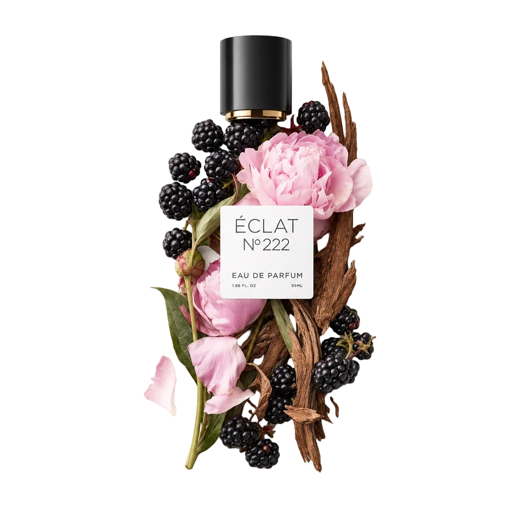 Un arrangiamento di peonie rosa, more e pezzi di legno di cedro con un tappo nero e etichetta di ÉCLAT Berries & Cedar.