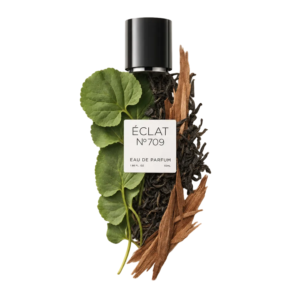 Un arrangiamento artistico di foglie di tè verde, strisce di cedro e tè nero sfuso con tappo nero e etichetta ÉCLAT 709.