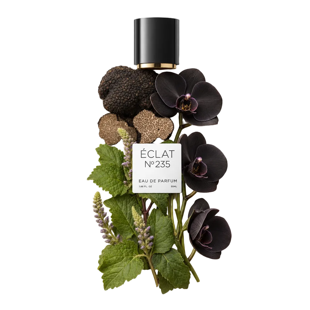 Una natura morta realizzata a mano di tartufi neri, fette di tartufi, orchidee nere e foglie verdi circonda un tappo nero con etichetta ÉCLAT Black Truffle & Orchid.