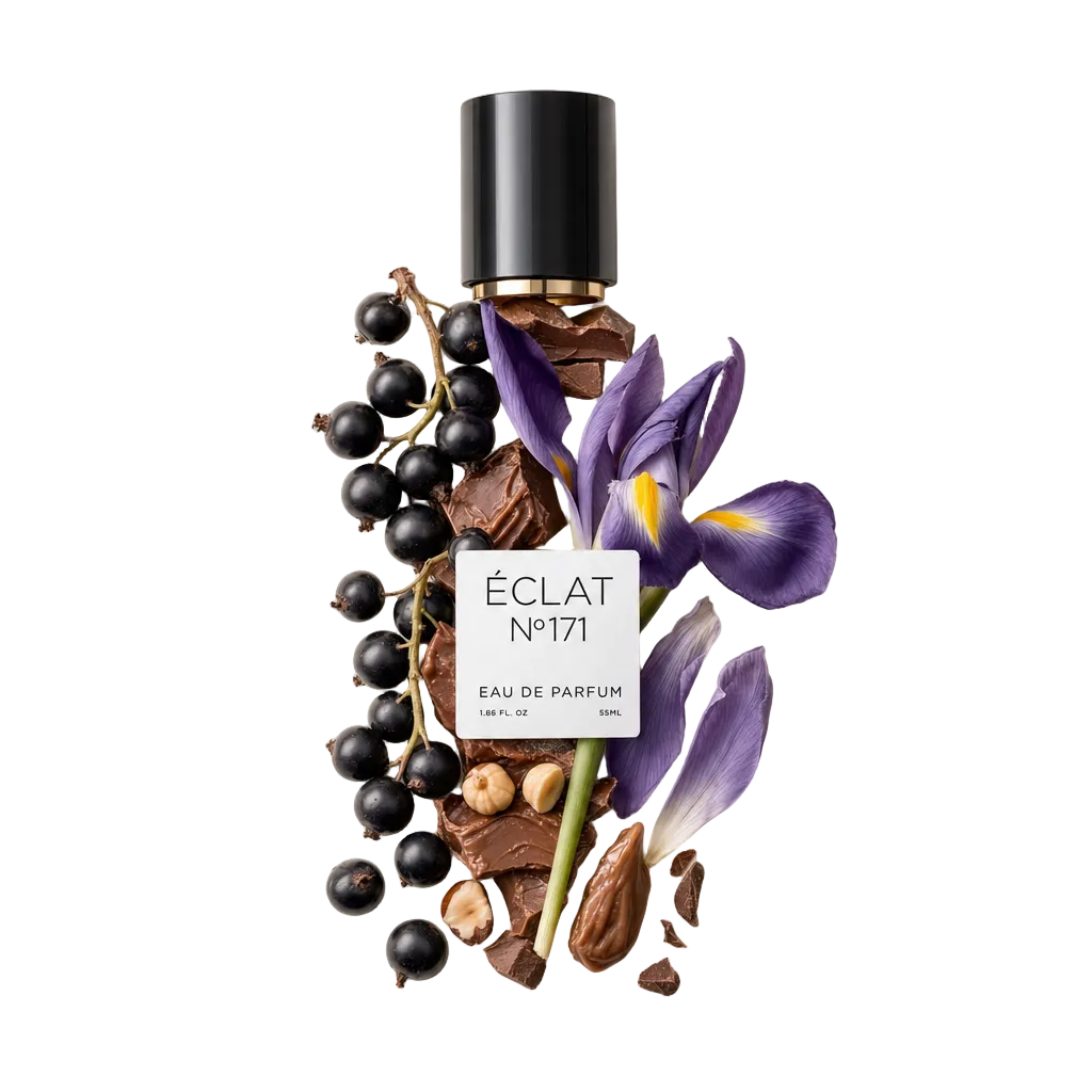 Una composizione di bacche di ribes nero, cioccolato pralinato e iridi viola, con il tappo nero originale di ÉCLAT adornato con un'etichetta.