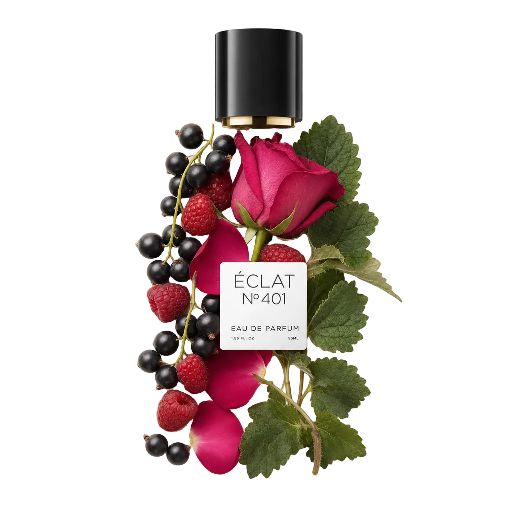Un arrangiamento di ribes nero, lamponi, una rosa rosa e foglie verdi attornia un tappo nero con etichetta per ÉCLAT Blackcurrant & Raspberry.