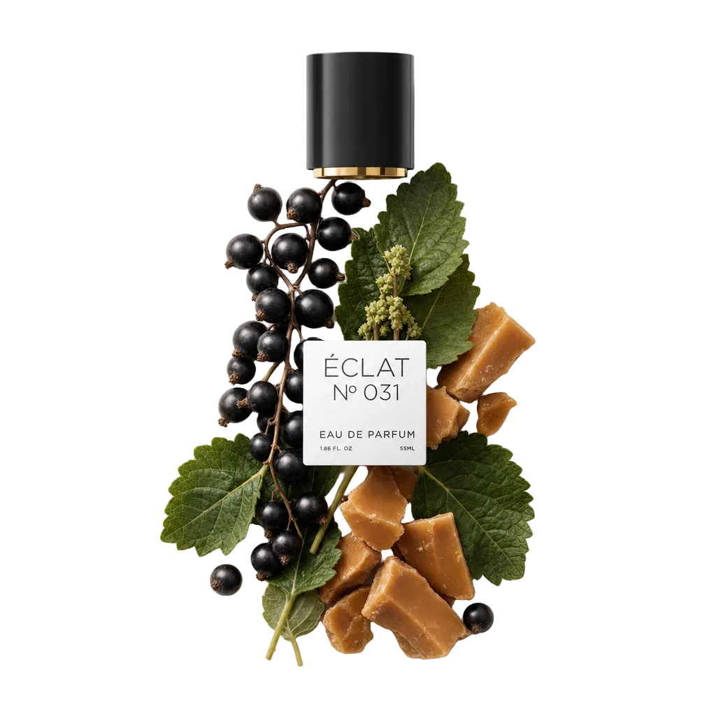 Una composizione di ribes nero e pezzi di caramello con foglie verdi circonda un tappo nero con l'etichetta ÉCLAT Blackcurrant & Toffee.