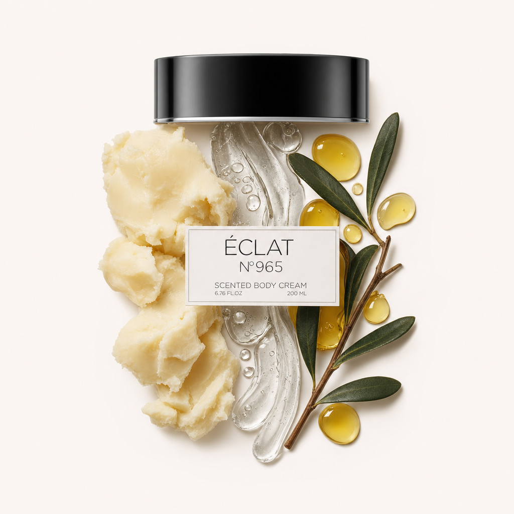 Un tappo nero etichettato per ÉCLAT 965 Body Cream è circondato da burro color crema, gel trasparente, gocce ambrate e foglie verdi.