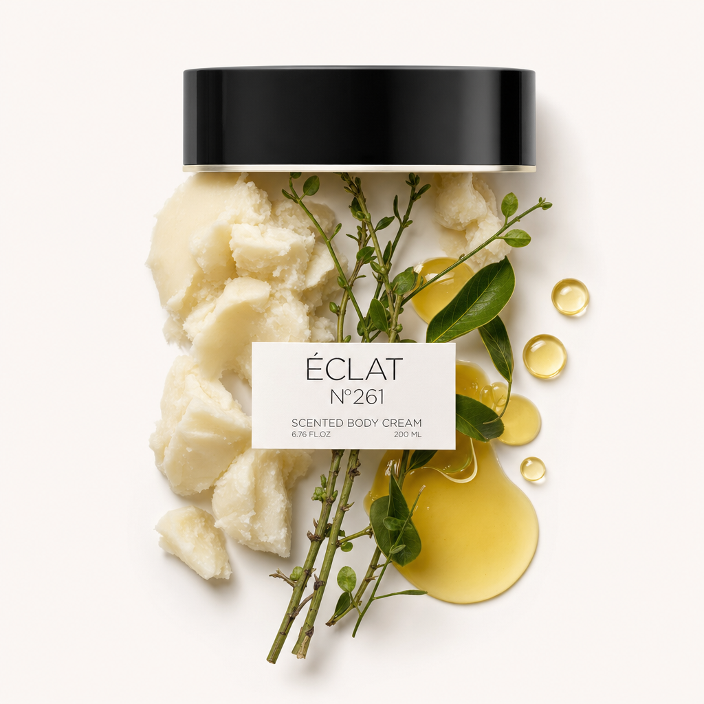 Un arrangiamento di ingredienti naturali tra cui burro cremoso, foglie verdi e gocce d'olio dorato, con il tappo nero originale ÉCLAT e etichetta sopra.