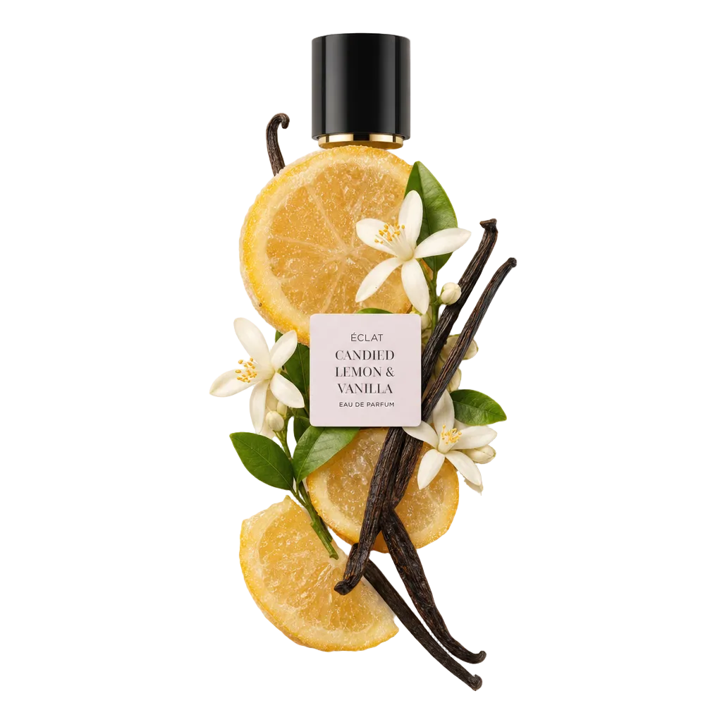 Una composizione di fette di limone candite, baccelli di vaniglia e fiori bianchi circonda un tappo nero con etichetta ÉCLAT Candied Lemon & Vanilla.