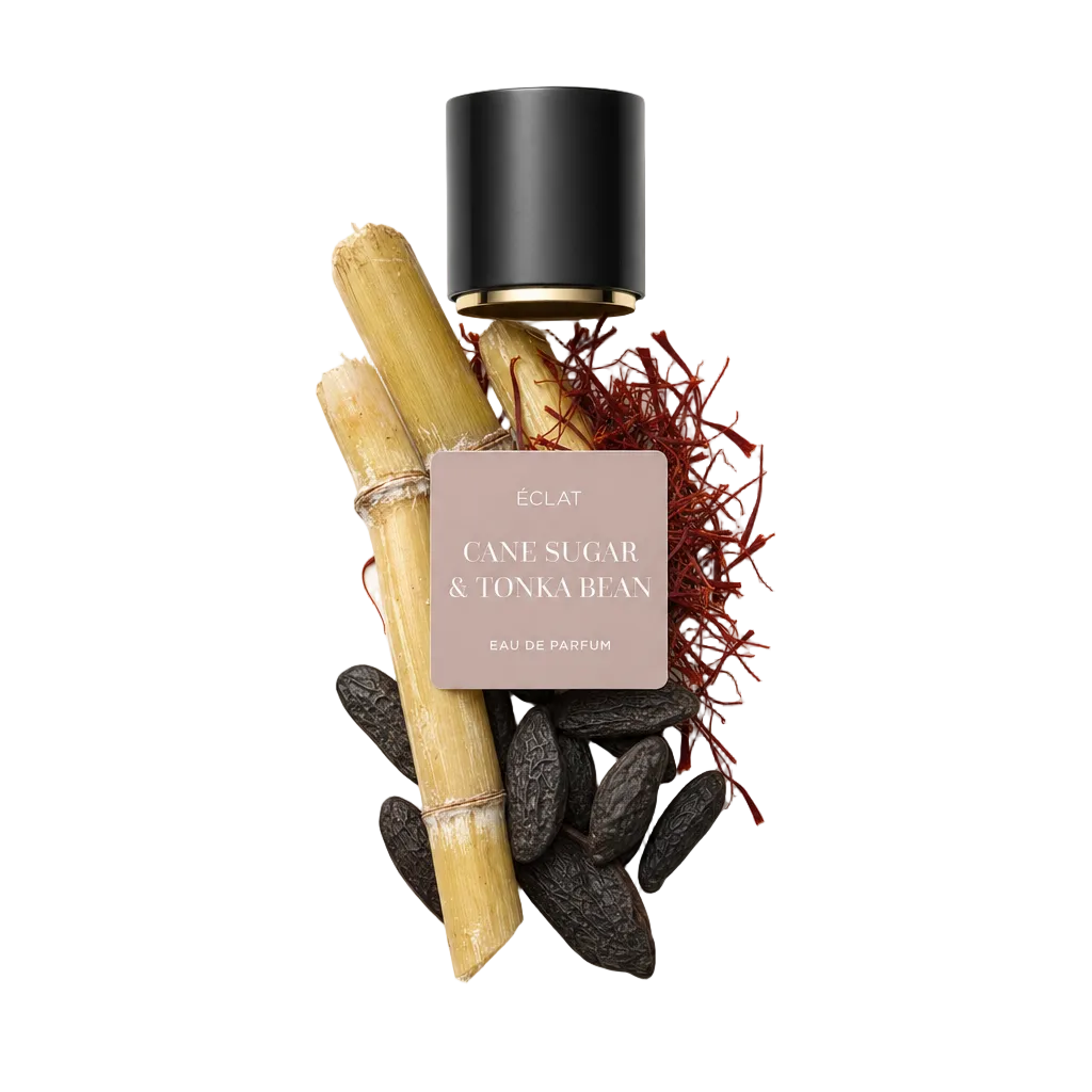 Un assortimento di fagioli tonka crudi, canne di zucchero e fili di zafferano, con un tappo nero e l'etichetta ÉCLAT Cane Sugar & Tonka Bean.