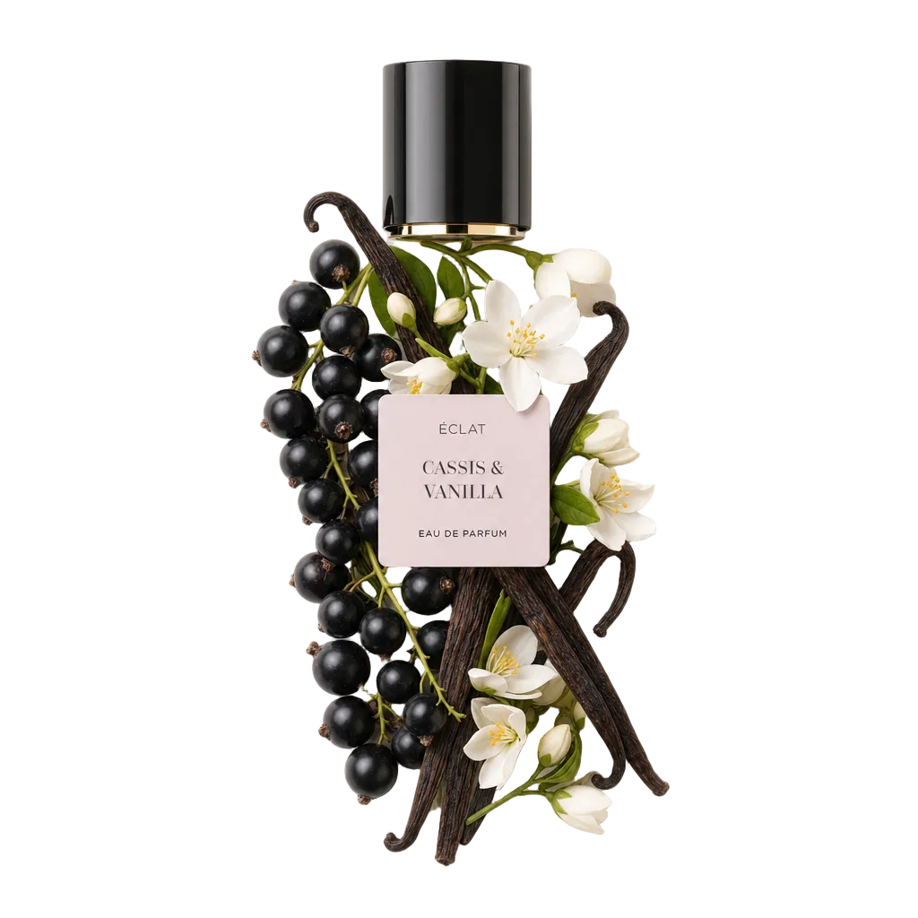 Un arrangiamento di bacche di ribes nero, baccelli di vaniglia e fiori bianchi circonda un tappo nero con etichetta per ÉCLAT Cassis & Vanilla.
