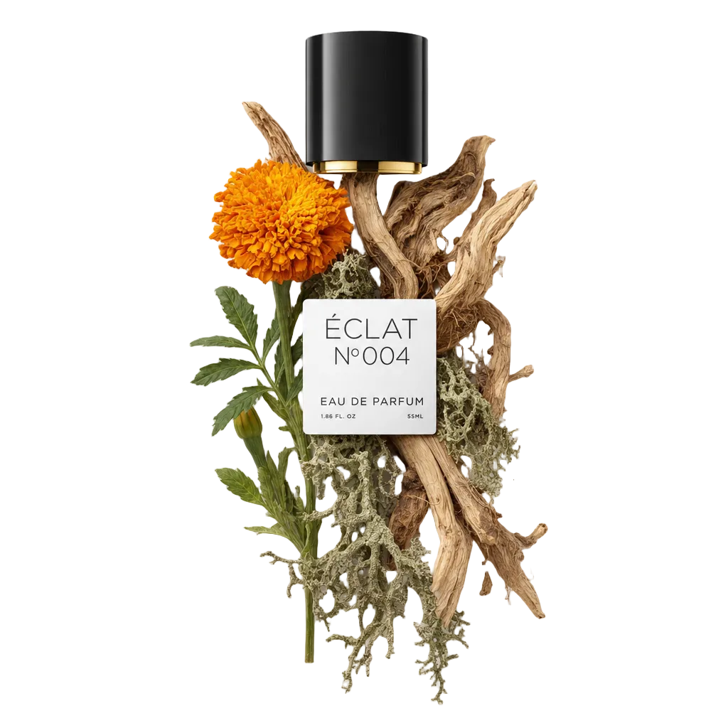 Un elegante arrangiamento di fiori di calendula arancioni, foglie verdi, legno intrecciato e muschio circonda un tappo nero con un'etichetta che mostra ÉCLAT Chypre Marigold.