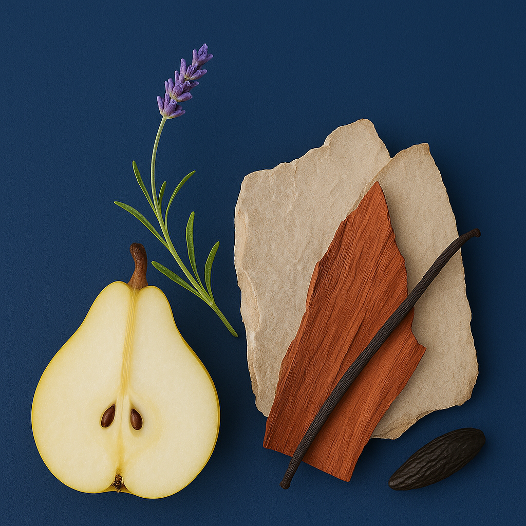 Una composizione di mezza pera, rametto di lavanda, pezzi di arenaria e bastoncino di cannella, evocando la fragranza ÉCLAT Cinnamon & Pear.