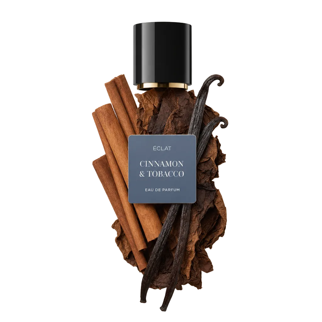 Una composizione di bastoncini di cannella, foglie di tabacco e baccelli di vaniglia circonda un tappo nero con l'etichetta ÉCLAT Cinnamon & Tobacco.
