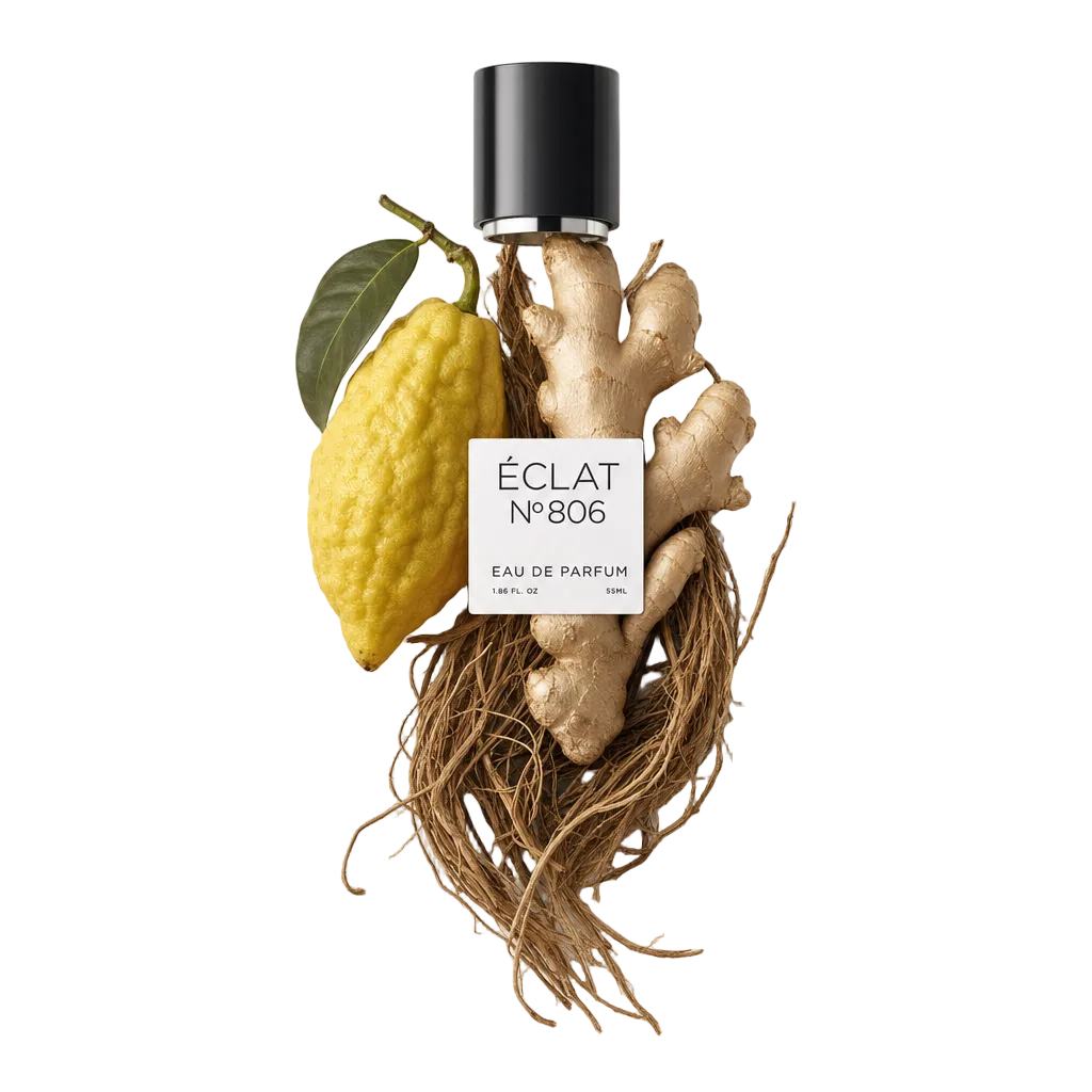 Una natura morta accuratamente disposta di vero cedro e zenzero, accompagnata dal tappo nero originale ÉCLAT con etichetta.