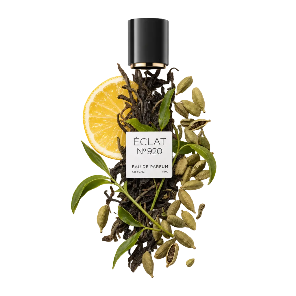 Un arrangiamento di fette di agrumi, baccelli di cardamomo e foglie verdi con un tappo nero ÉCLAT con etichetta.