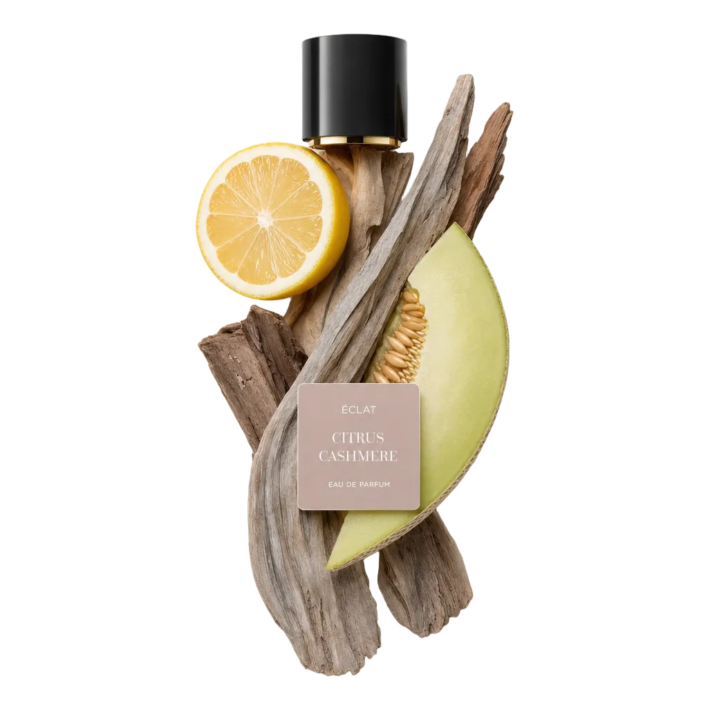 Una composizione di fette di agrumi e un pezzo di melone su legno flottante, che mostra le note di fragranza di ÉCLAT Citrus Cashmere sotto un tappo nero con etichetta.
