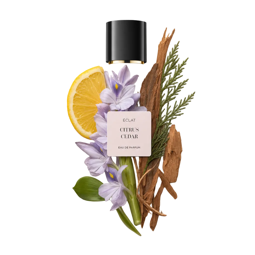 Un arrangiamento artistico di fette di agrumi, fiori viola in fiore, legno di cedro e verde, con un tappo nero etichettato ÉCLAT in cima.