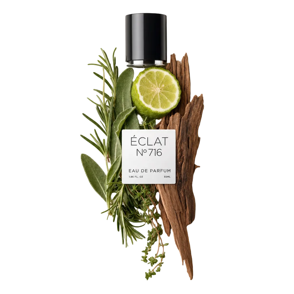 Un arrangiamento di rosmarino fresco, salvia, lime, timo e note legnose circonda un tappo nero con etichetta che mostra ÉCLAT Citrus Herbs.