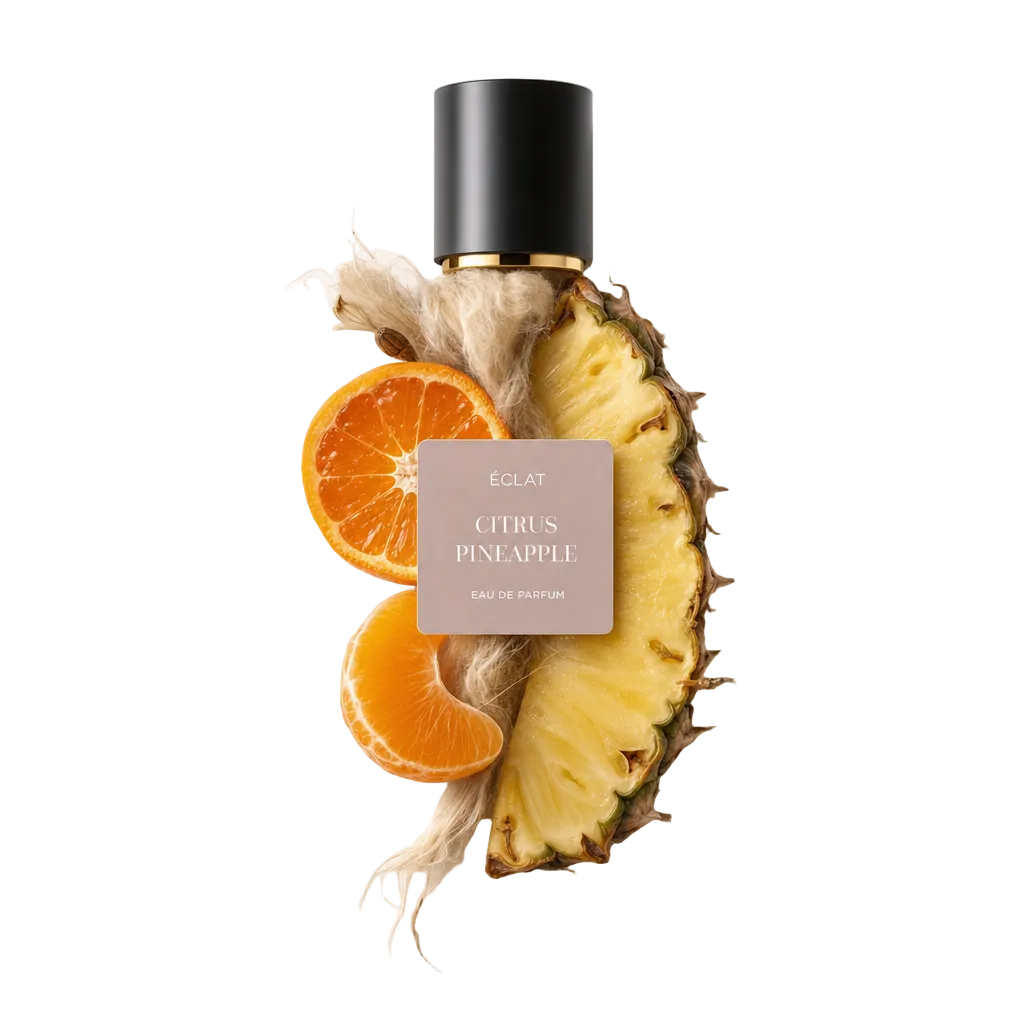 Composizione di fette di ananas e segmenti di arancia con un tappo nero etichettato ÉCLAT Citrus Pineapple.