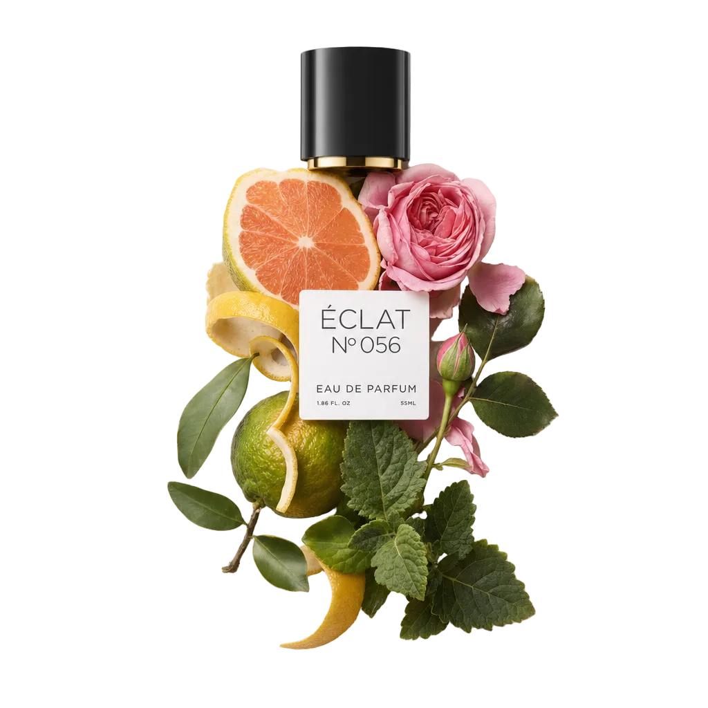 Un tappo nero con etichetta si trova su un arrangiamento di elementi di agrumi e rosa, con pompelmo, rosa, scorza di limone e foglie verdi per ÉCLAT Citrus Rose.