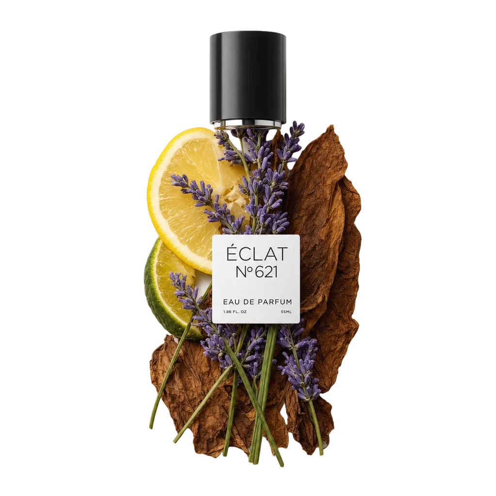 Una disposizione artistica di fette di limone, rametti di lavanda, lime e foglie secche con un tappo nero recante l'etichetta ÉCLAT.